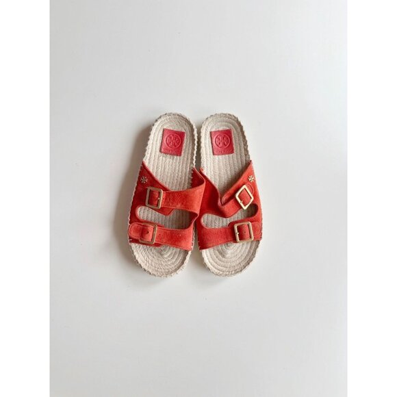 TORY BURCH Orange Suede Double Buckle Espadrille Slide Sandals, Size 7.5 - Picture 1 of 13